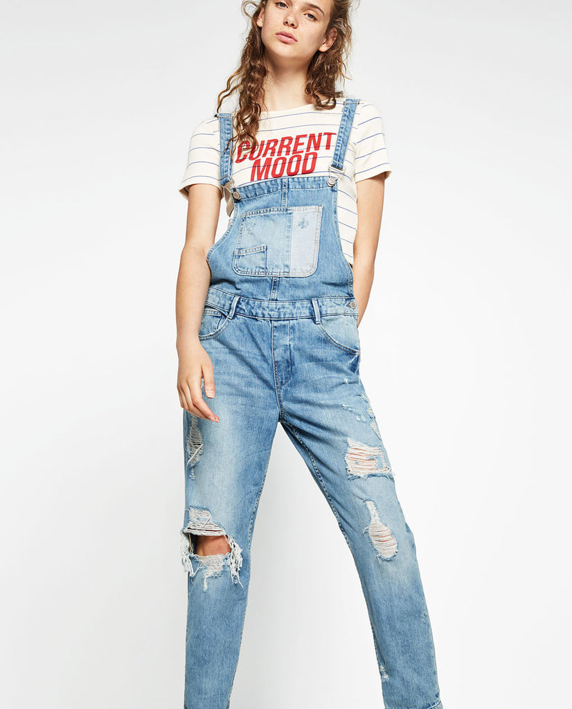 SLIM DENIM DUNGAREES WITH RIPS