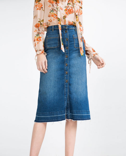 BUTTONED MID-LENGTH DENIM SKIRT